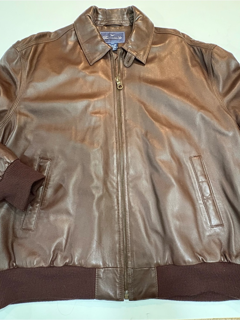 Faconnable Brown Leather Lambswool Bomber Jacket | Size Large